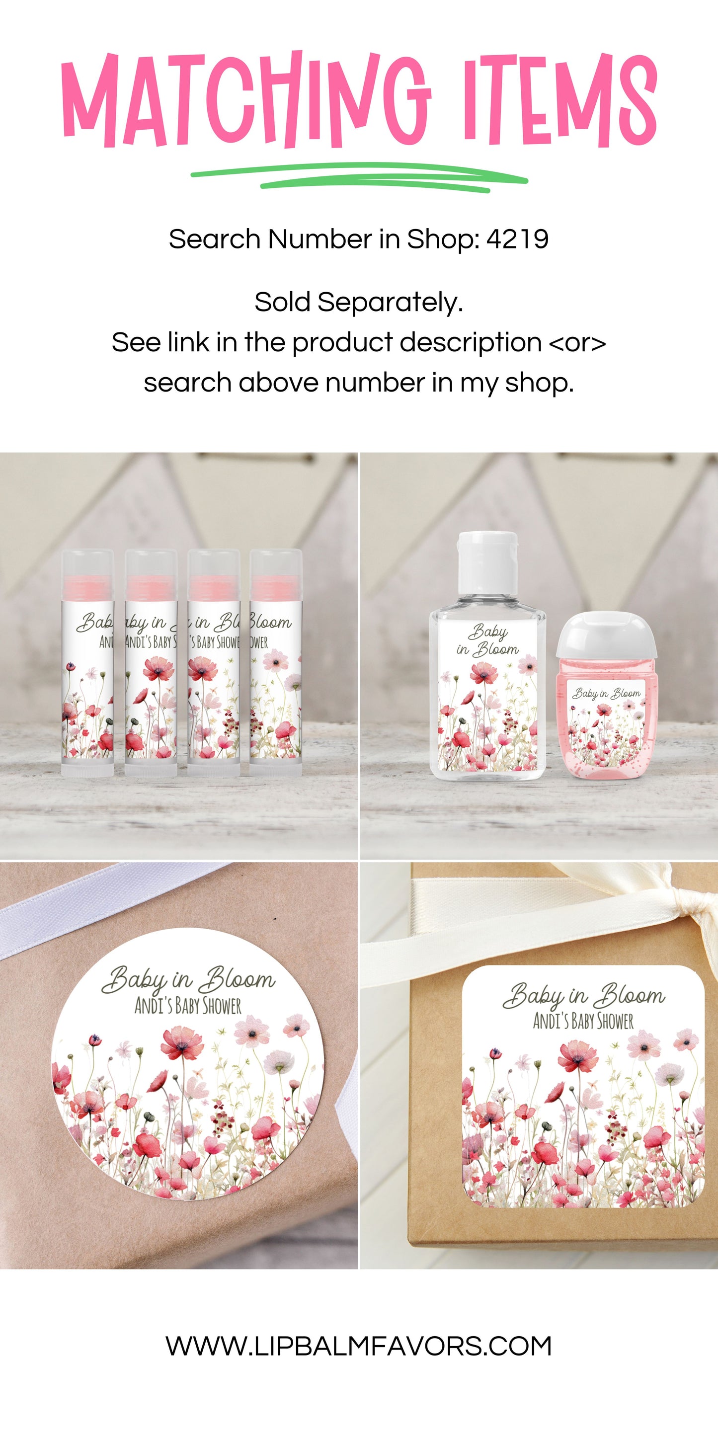 Baby in Bloom Favors PRINTED Hand Sanitizer LABELS | Spring Baby Shower for Girl | Pink Floral Baby Shower Favor Stickers [4219]