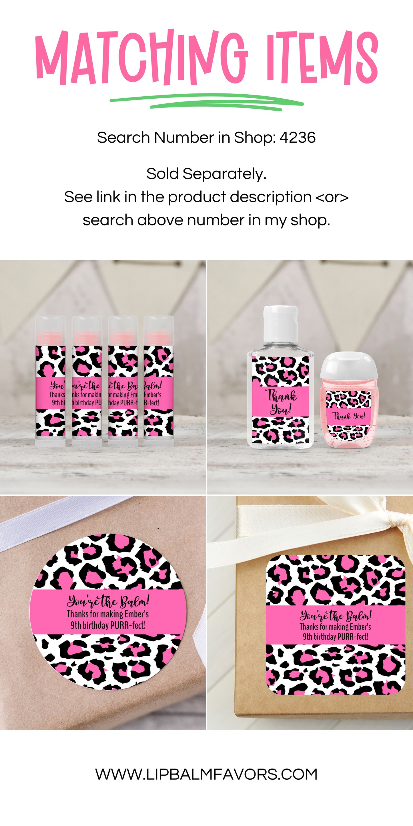 Pink Leopard Print Birthday Party PRINTED 2" Square or Round Party Favor LABELS | Cheetah Print Favor Labels for Birthday Party Favor [4236]