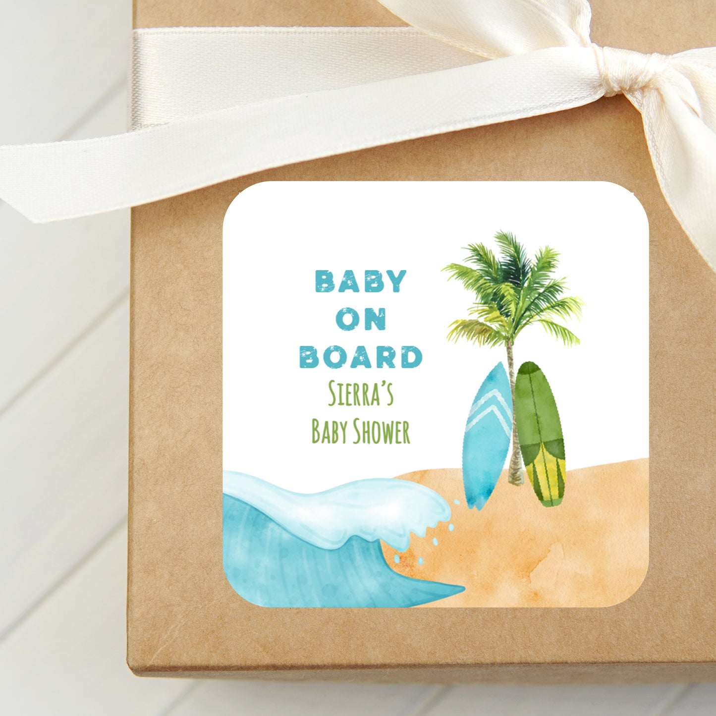 Baby on Board Thank You Sticker PRINTED 2" Square or Round Party Favor LABELS | Surfing Theme Baby Shower | Beach Theme Baby Shower [4252]