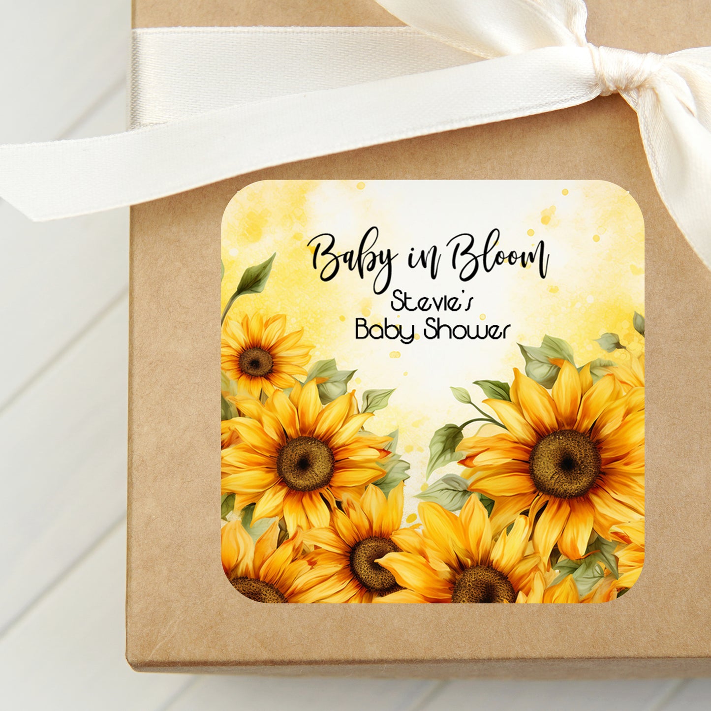 Sunflower Theme Baby Shower PRINTED 2" Square or Round Party Favor LABELS | Sunflower Bridal Shower Stickers for Favors | Fall Rustic [4342]