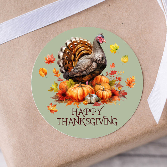 Happy Thanksgiving Turkey PRINTED 2" Square or Round Party Favor LABELS | Friendsgiving Potluck Dinner Party Stickers for Favors [5001]