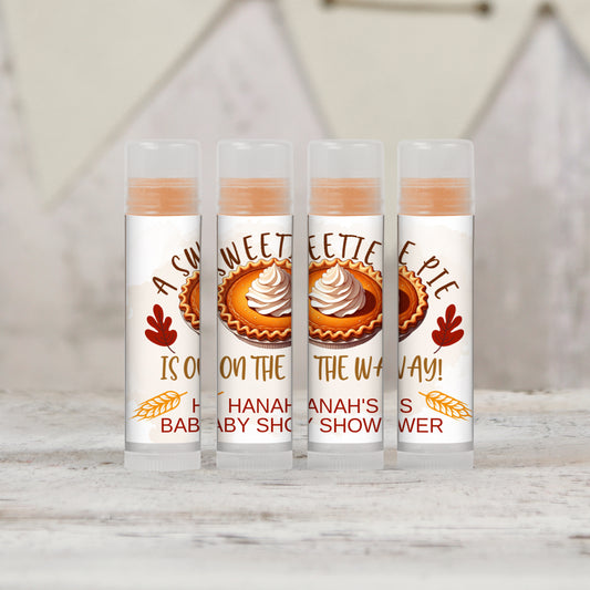 A Sweetie Pie is on the Way Personalized PRINTED Lip Balm LABELS | Thanksgiving Baby Shower or Announcement | Pumpkin Pie Theme [5014]