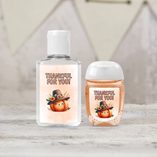 Thankful for You PRINTED Thanksgiving & Friendsgiving Hand Sanitizer LABELS | Thanksgiving Pumpkin Themed Party Favor Stickers [5021]