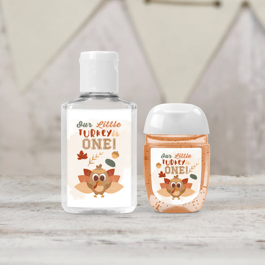 Thanksgiving 1st Birthday PRINTED Hand Sanitizer LABELS - Our Little Turkey is One, November 1st Birthday Fun! [5023]