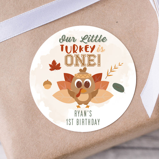 Our Little Turkey is One PRINTED 2" Square or Round Party Favor LABELS | November or Thanksgiving First Birthday Party Favor Sticker [5023]