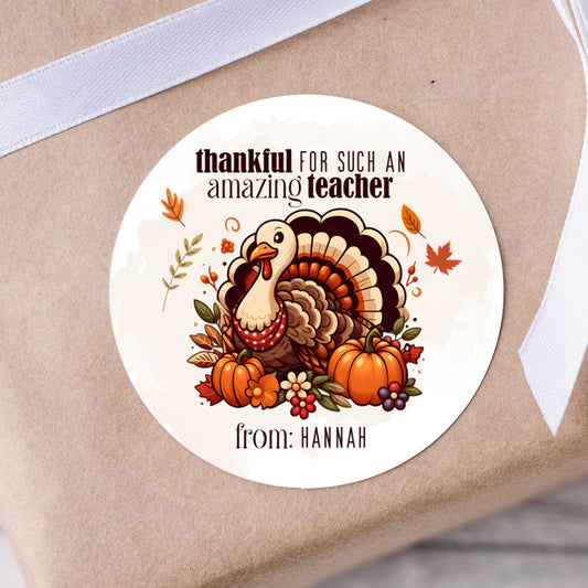 Thankful for Such an Amazing Teacher Thanksgiving Turkey PRINTED 2" Square or Round Party Favor LABELS Gifts for Teacher [5026]