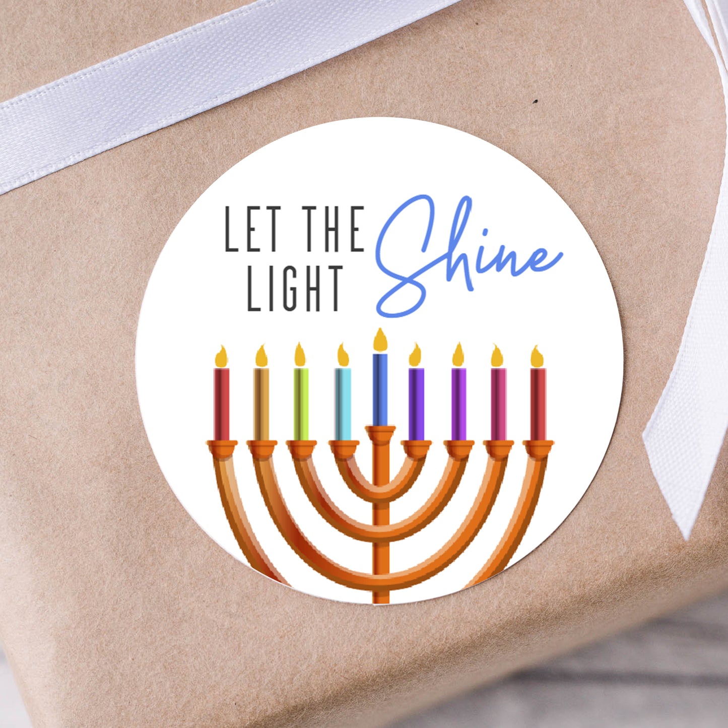 Let the Light Shine Hanukkah Menorah PRINTED 2" Square or Round Party Favor LABELS | Chanukah Stickers for Gifts [5035]