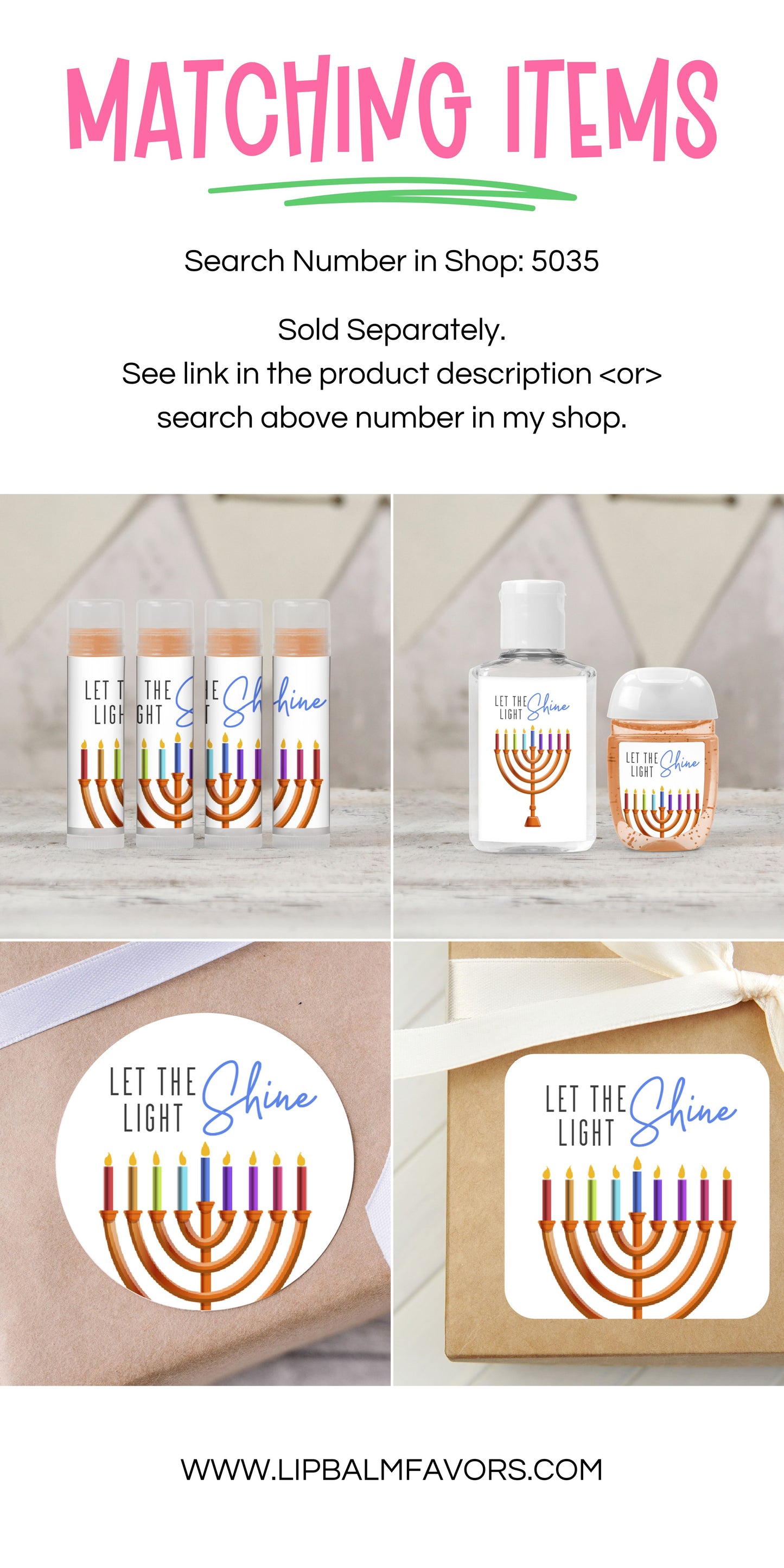 Let the Light Shine Hanukkah Menorah PRINTED 2" Square or Round Party Favor LABELS | Chanukah Stickers for Gifts [5035]