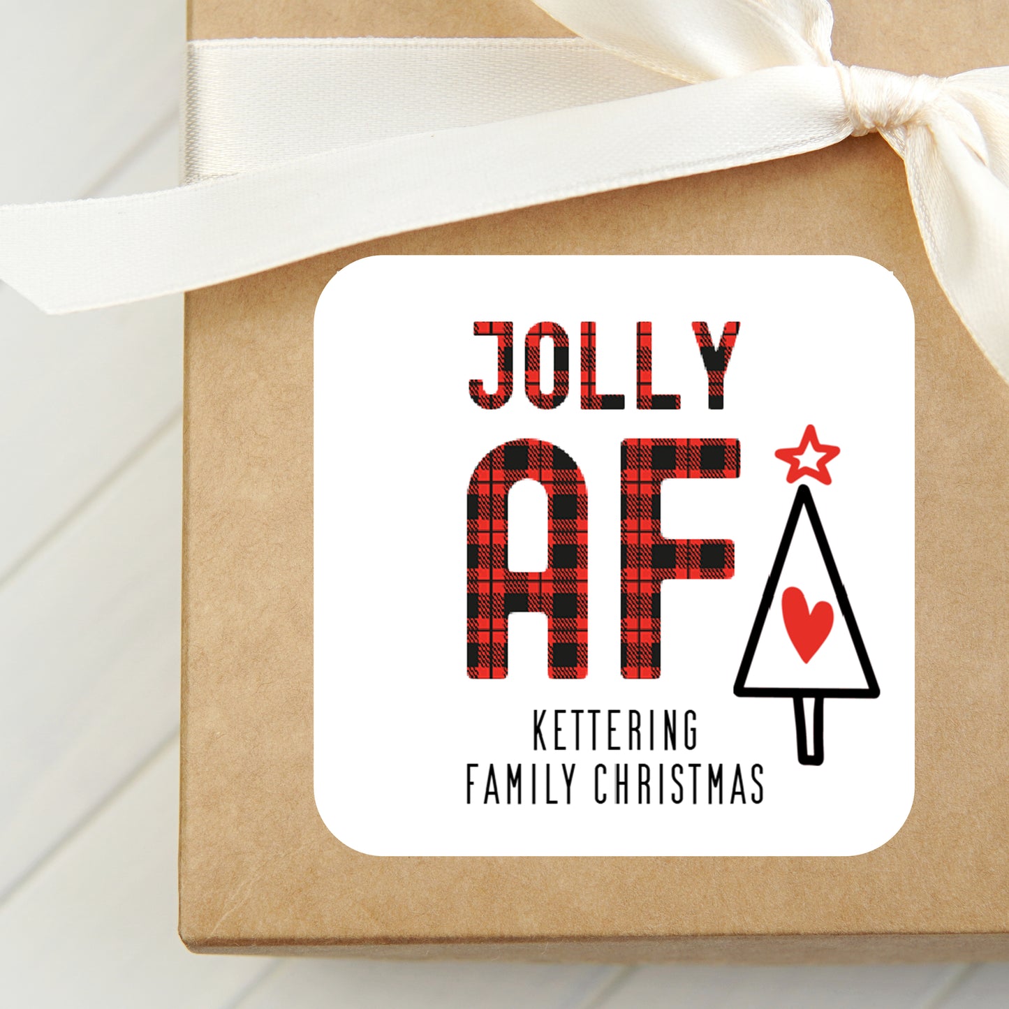 Jolly AF PRINTED 2" Square or Round Christmas Party Favor LABELS | Holiday Party Supplies | Buffalo Plaid Christmas Sticker for Favor [5040]